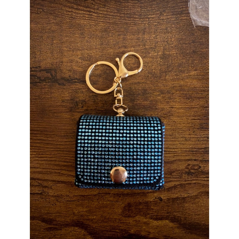 Teal Rhinestone AirPod Case PU Leather Sparkly Snap Closure Gold Keychain Clip